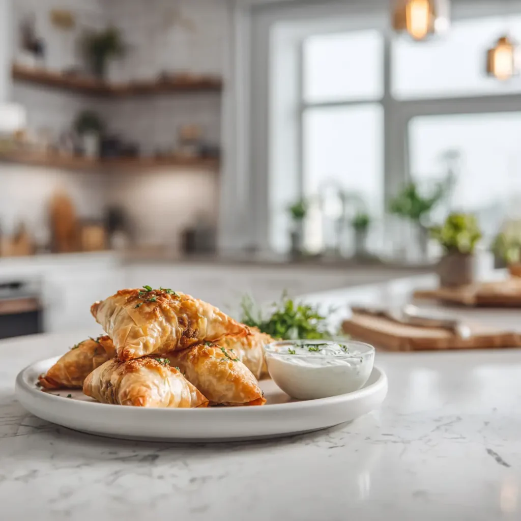 Samoussas au bœuf au Airfryer 6 Samoussas au bœuf au Airfryer servis avec salade fraîche