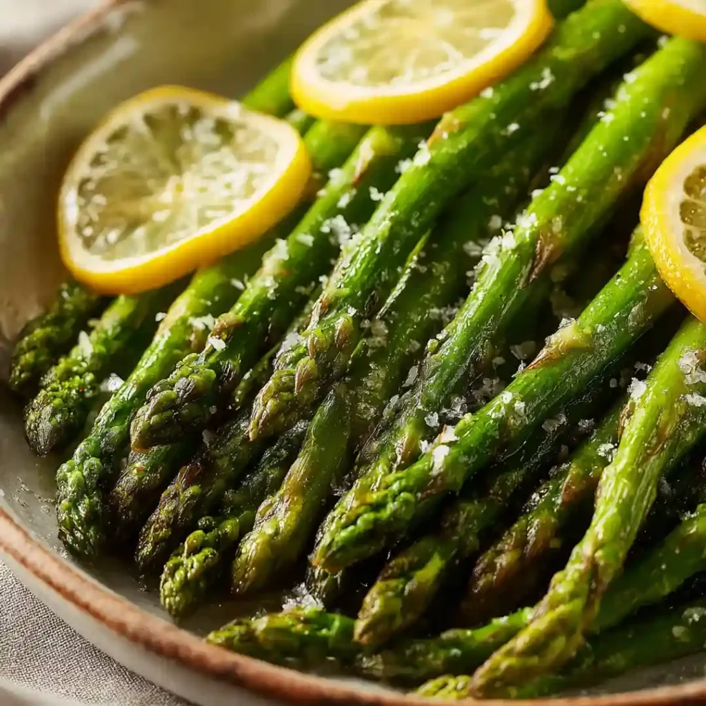 Asperges au airfryer dorées et croustillantes servies sur une assiette blanche avec du citron