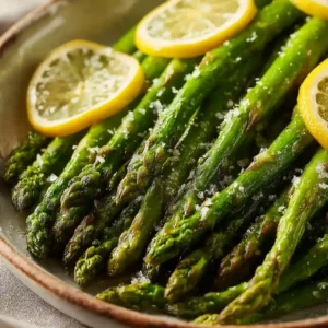 Asperges au Airfryer : Croustillantes et Tendres en 8 Minutes 19 Asperges au airfryer dorées et croustillantes servies sur une assiette blanche avec du citron