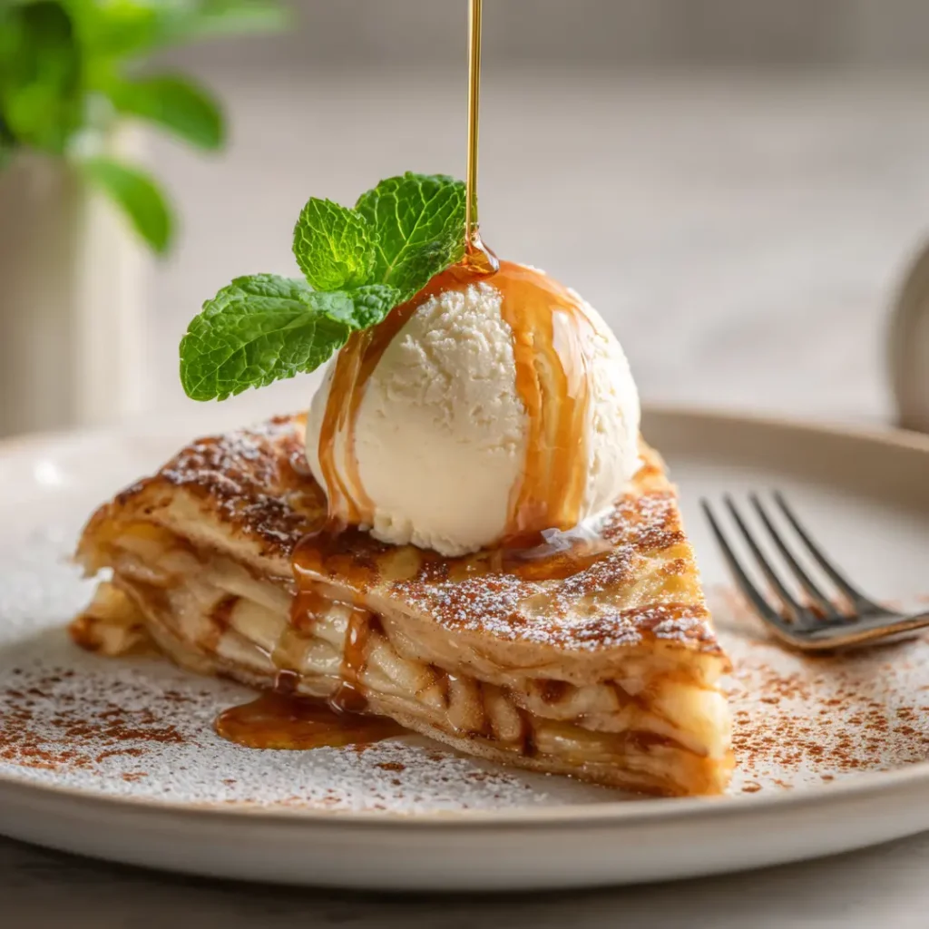 Crêpes aux Pommes au Airfryer 10 Part de crêpes aux pommes au airfryer servie avec une boule de glace vanille