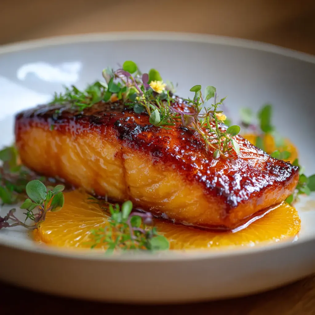 Saumon caramélisé à l’orange au airfryer 6 saumon caramélisé à l’orange au airfryer servi avec tranches d’orange