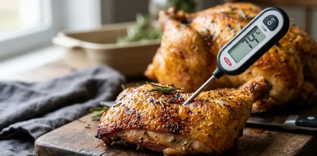 Poulet rôti au airfryer 6 Thermomètre à sonde indiquant 74°C dans la cuisse d'un poulet rôti à l'airfryer