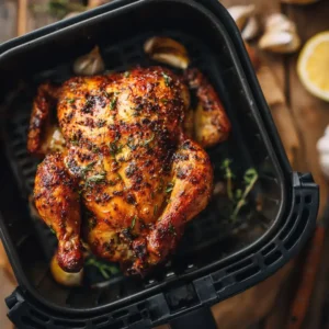 Poulet rôti au airfryer 12 Poulet rôti entier au airfryer, peau dorée et croustillante dans le panier
