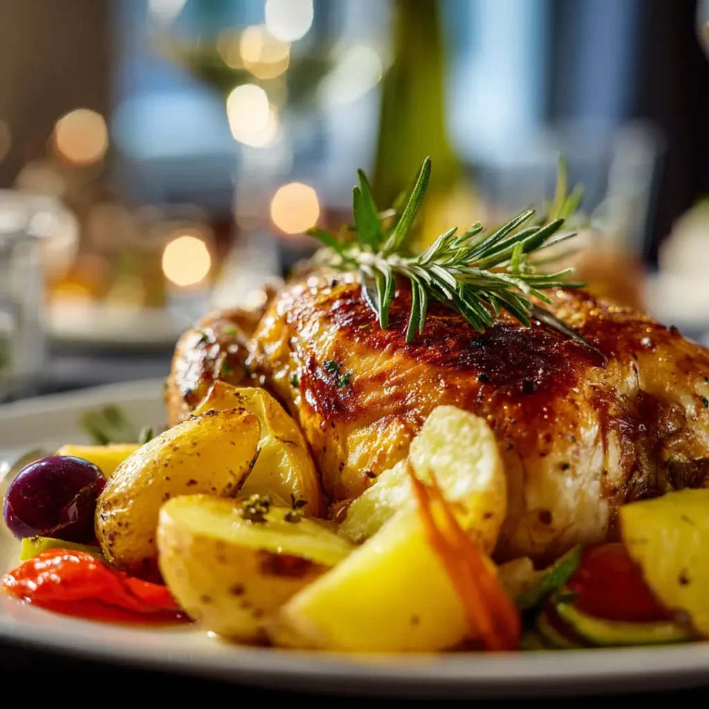 Poulet rôti au airfryer 8 Poulet rôti au airfryer servi en repas familial avec légumes rôtis et pommes de terre