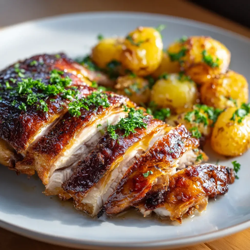 Poulet rôti au airfryer 7 Poulet rôti au airfryer découpé en assiette avec pommes de terre grenaille dorées