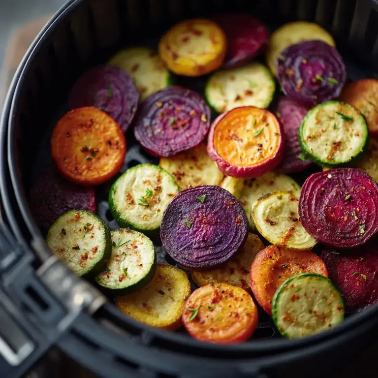 Tranches colorées de légumes disposées en une seule couche dans le panier ouvert d'un airfryer avant cuisson
