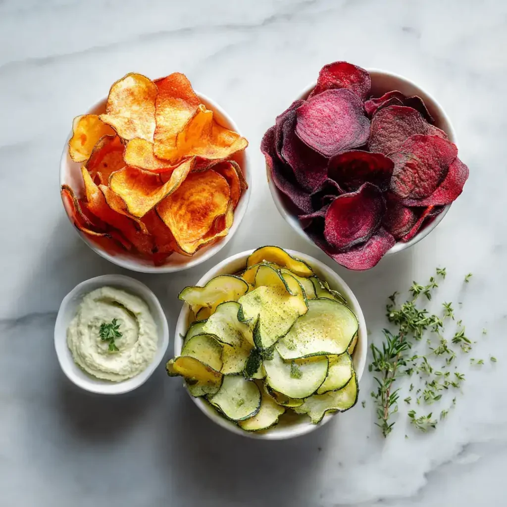 Chips de légumes airfryer 8 Plateau apéro avec chips de légumes airfryer en trois bols blancs — betterave, patate douce et courgette — accompagnées de houmous, tzatziki et guacamole