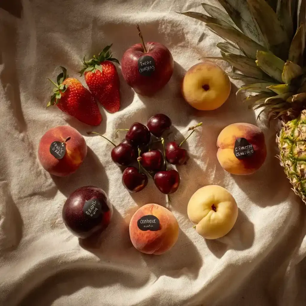 Fruits rôtis airfryer : 7 recettes caramélisées en moins de 10 minutes 3 Sept fruits rôtis airfryer disposés en cercle selon leur saisonnalité — du printemps à l'automne avec bananes et ananas toute l'année