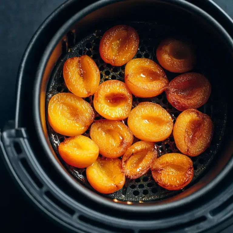 Demi-abricots frais disposés face coupée vers le haut en une seule couche dans le panier ouvert d'un airfryer