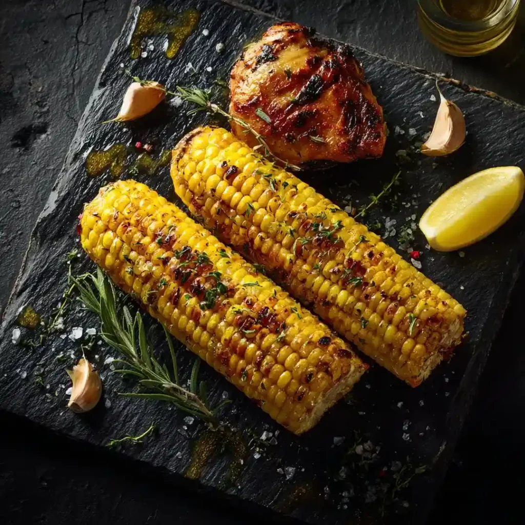 Épis de maïs au airfryer 9 Épis de maïs au airfryer dorés servis en accompagnement d'une cuisse de poulet rôtie sur ardoise sombre avec herbes fraîches et beurre fondu