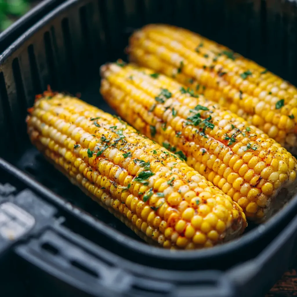 Épis de maïs au airfryer 8 Deux épis de maïs frais badigeonnés d'huile d'olive côte à côte dans le panier ouvert d'un airfryer avant cuisson