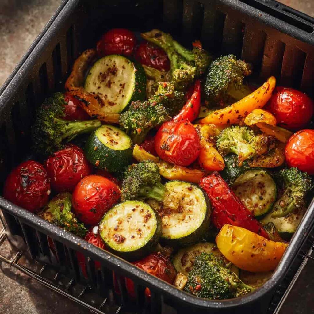 Temps de cuisson airfryer 3 Légumes grillés colorés dans le panier ouvert d'un airfryer vus de dessus