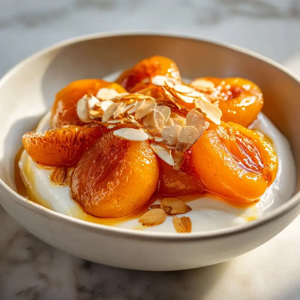 Abricots rôtis au airfryer 8 Abricots rôtis au airfryer avec jus ambré servis sur yaourt grec dans un bol blanc avec amandes effilées