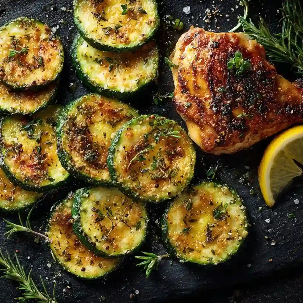 Courgettes grillées au airfryer 7 Courgettes grillées au airfryer dorées servies en accompagnement d'une cuisse de poulet grillée sur ardoise sombre avec herbes fraîches et citron
