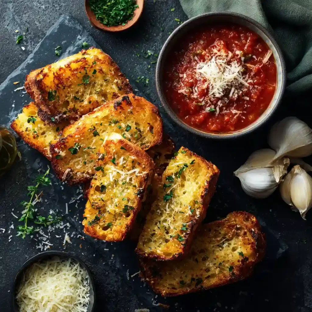 Pain à l'ail airfryer : croustillant et fondant en 8 minutes 9 Pain à l'ail airfryer doré servi en accompagnement d'un bol de pâtes sauce tomate sur ardoise sombre avec basilic frais et copeaux de parmesan