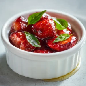 Fraises rôties au airfryer 10 Fraises rôties caramélisées au airfryer dans un plat en céramique blanche avec du basilic frais