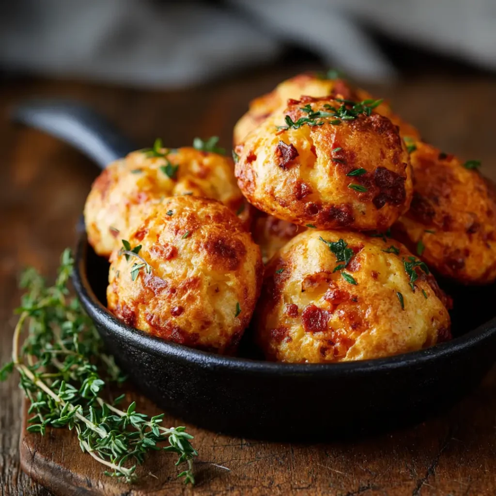 Gougères au fromage au airfryer 9 Gougères au fromage au airfryer version chorizo et paprika fumé légèrement rougeâtres dans une petite poêle en fonte
