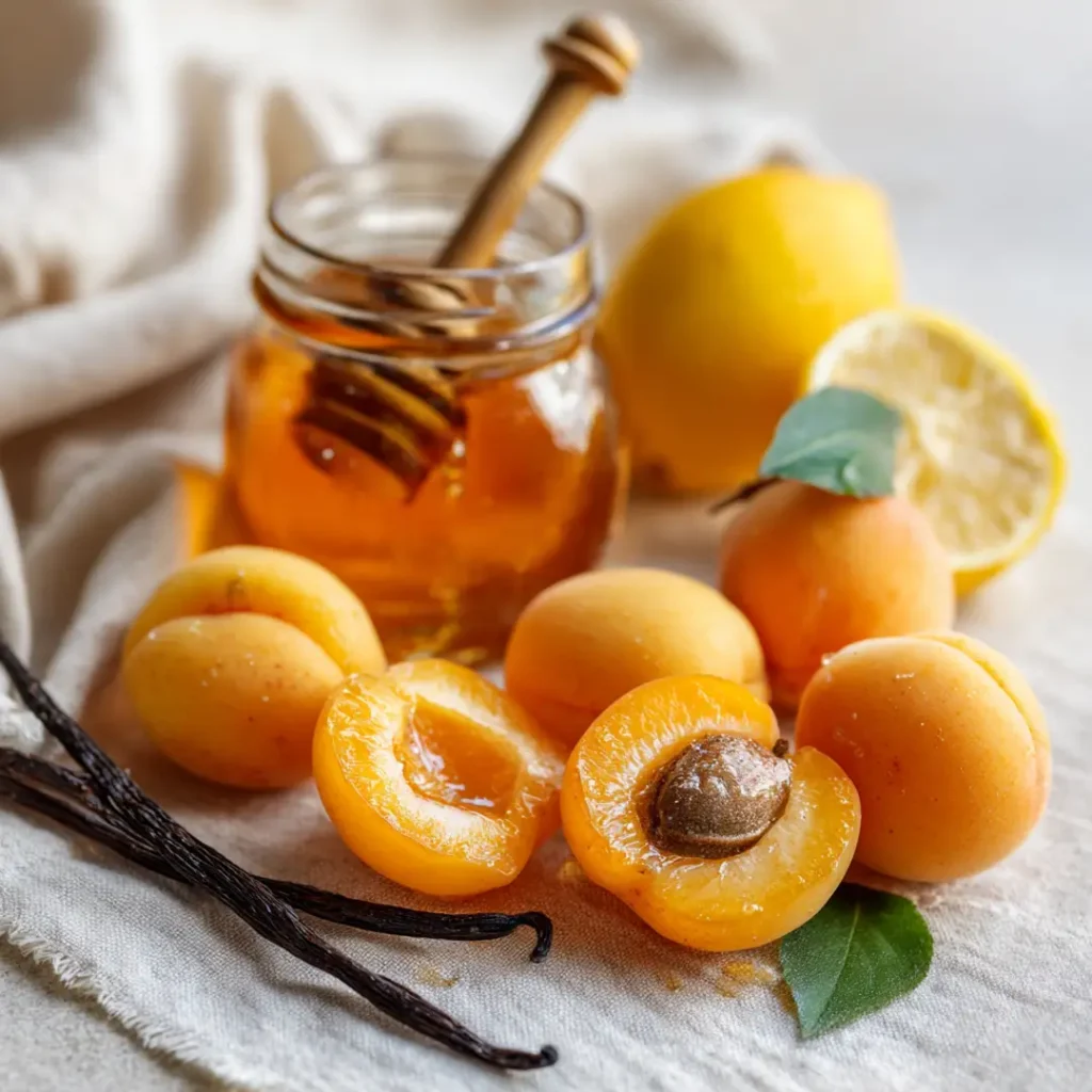 Abricots rôtis au airfryer 7 Ingrédients pour abricots rôtis airfryer : abricots frais, miel, citron et vanille sur fond lin crème