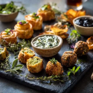 Apéro airfryer : 18 recettes croustillantes pour un apéritif parfait 14 Plateau apéro airfryer complet avec roulés feta, gougères, falafels, chips de légumes et mini pizzas dorés sur fond marbre blanc