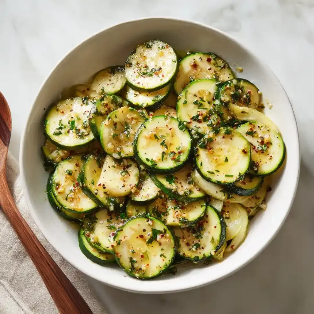 Courgettes grillées au airfryer 6 Rondelles de courgette dans un bol blanc enrobées d'huile d'olive ail et paprika avant cuisson au airfryer