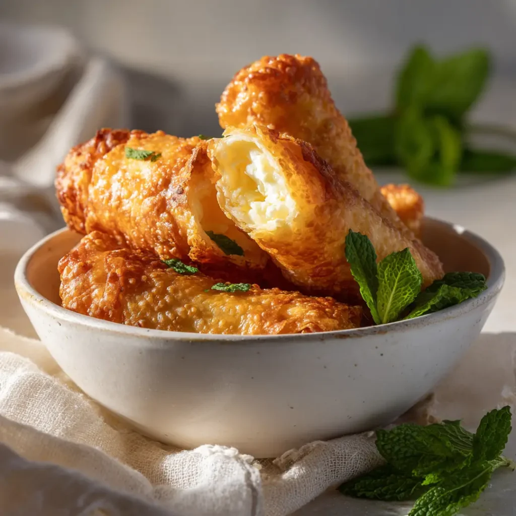 Apéro airfryer : 18 recettes croustillantes pour un apéritif parfait 2 Préparation des roulés feta au airfryer — bâtonnet de feta posé sur le bord d'une demi-feuille de brick avant roulage en cigare