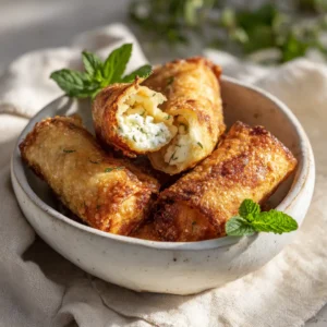 Roulés feta au airfryer 13 Roulés feta au airfryer dorés et croustillants dans un bol en céramique blanche avec l'un ouvert révélant la feta fondante et de la menthe fraîche