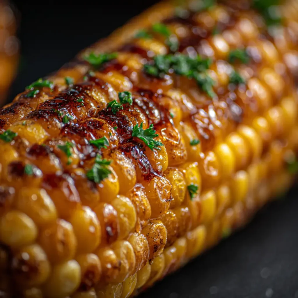 Épis de maïs au airfryer dorés et juteux avec beurre fondu et persil frais, grains légèrement caramélisés sur fond sombre