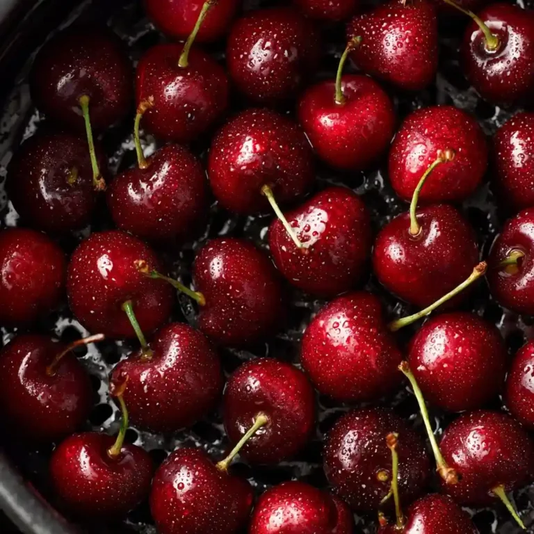 Cerises fraîches disposées en une seule couche dans le panier ouvert d'un airfryer avant cuisson