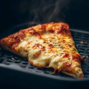 Réchauffer au airfryer : le guide complet 9 Part de pizza dorée et croustillante réchauffée dans le panier ouvert d'un airfryer