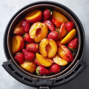 Fruits rôtis airfryer : 7 recettes caramélisées en moins de 10 minutes 11 Assortiment de fruits frais disposés en une seule couche dans le panier ouvert d'un airfryer avant cuisson