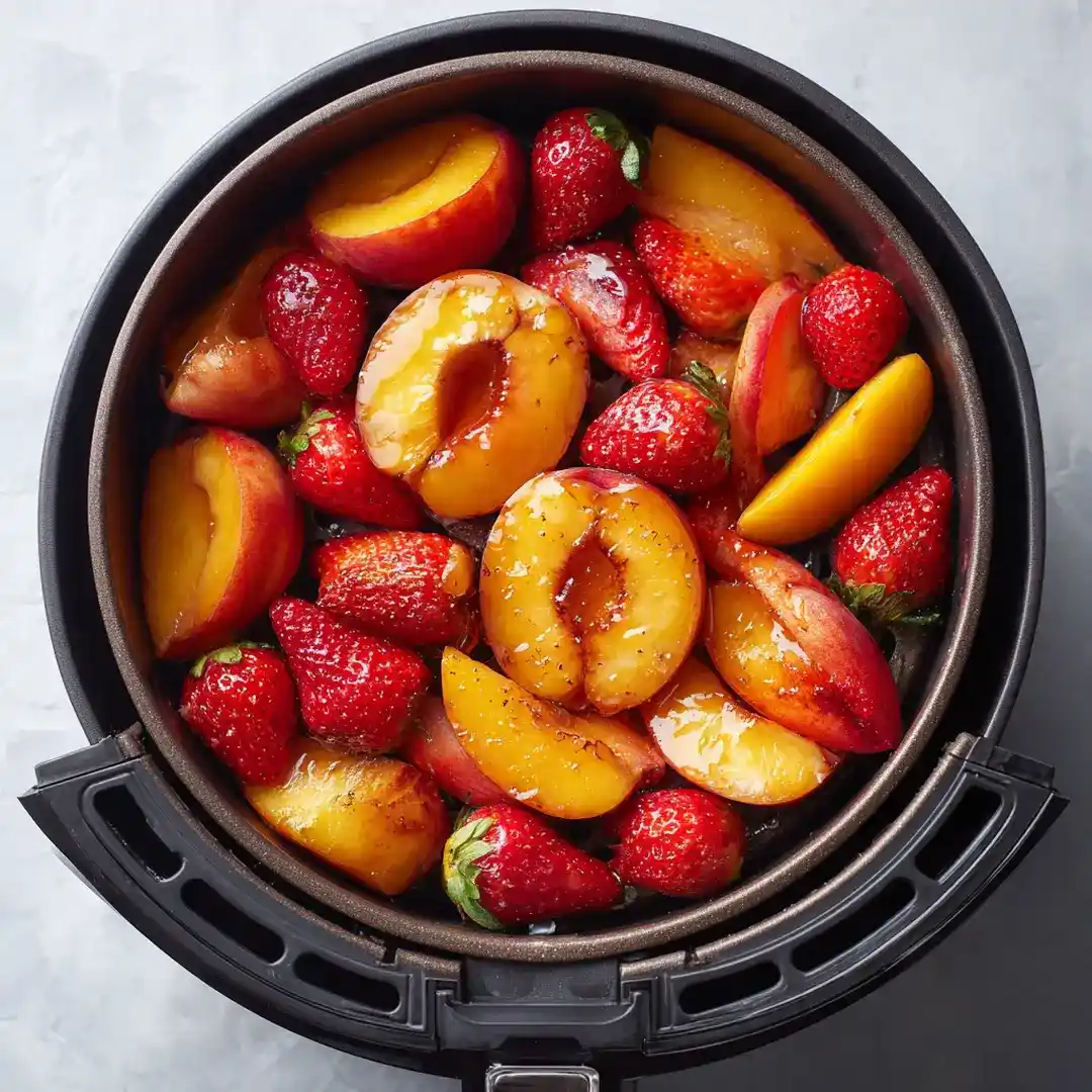 Assortiment de fruits frais disposés en une seule couche dans le panier ouvert d'un airfryer avant cuisson