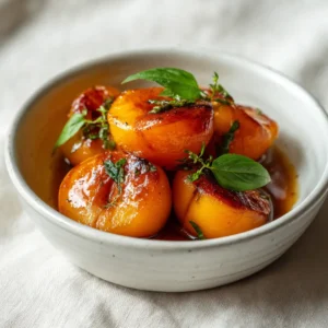 Abricots rôtis au airfryer 12 Abricots rôtis caramélisés au airfryer dans un bol en céramique blanche avec un jus doré et du basilic frais