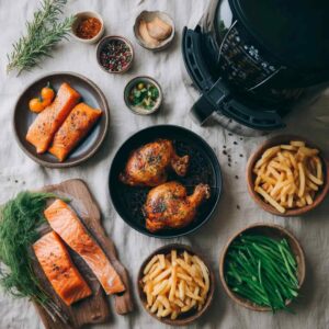 Temps de cuisson airfryer 11 Tableau des temps de cuisson airfryer avec différents aliments autour d'une friteuse à air