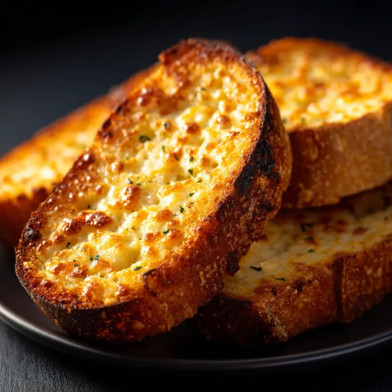 Pain à l'ail airfryer variante parmesan avec croûte de parmesan fondu et légèrement gratinée sur le dessus avec une feuille de basilic frais