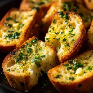 Pain à l'ail airfryer : croustillant et fondant en 8 minutes 13 Pain à l'ail airfryer doré et croustillant avec beurre à l'ail fondu et persil frais, une tranche ouverte révélant une mie moelleuse et beurrée