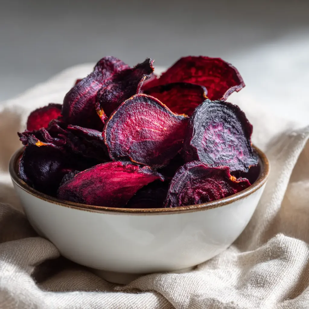 Chips de légumes airfryer 9 Gros plan sur des chips de betterave croustillantes rouge-violet dans un petit bol blanc sorties de l'airfryer