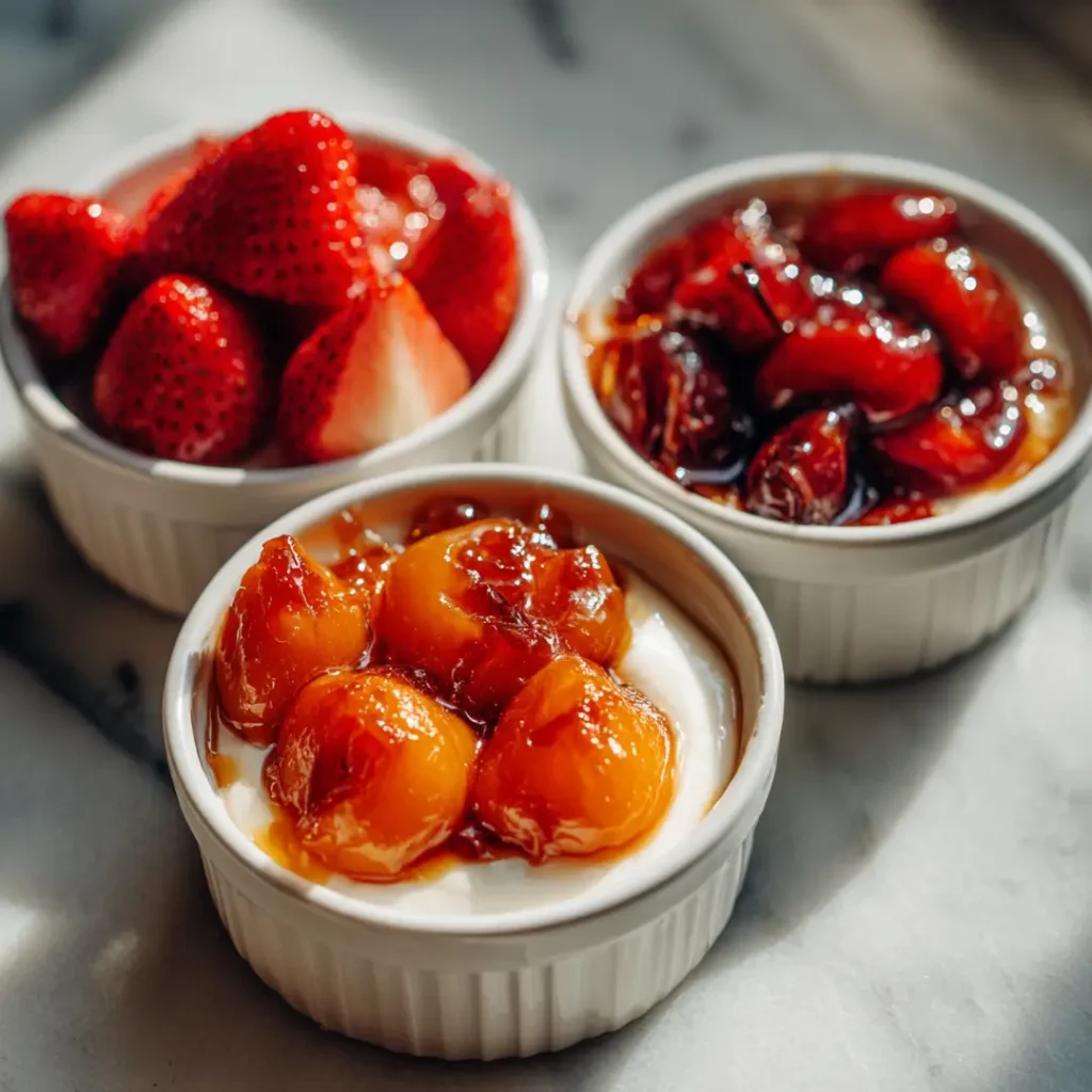 Fruits rôtis airfryer : 7 recettes caramélisées en moins de 10 minutes 4 Trois bols de yaourt grec avec différents fruits rôtis au airfryer — fraises, abricots et cerises caramélisés