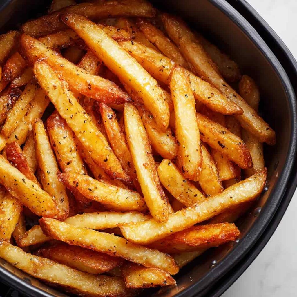Temps de cuisson airfryer 4 Frites surgelées croustillantes et dorées dans le panier d'un airfryer