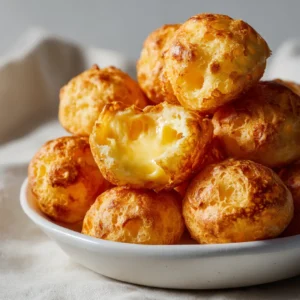 Gougères au fromage au airfryer 13 Gougères au fromage au airfryer dorées et gonflées dans un bol en céramique blanche avec fromage filant visible