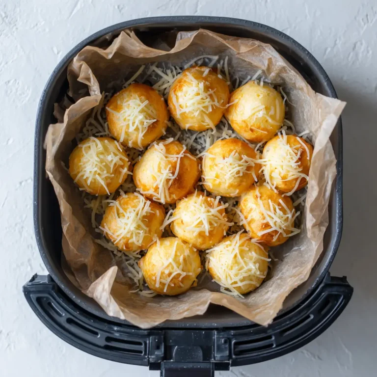 Boules de pâte à choux au fromage espacées sur papier cuisson dans le panier ouvert d'un airfryer avant cuisson