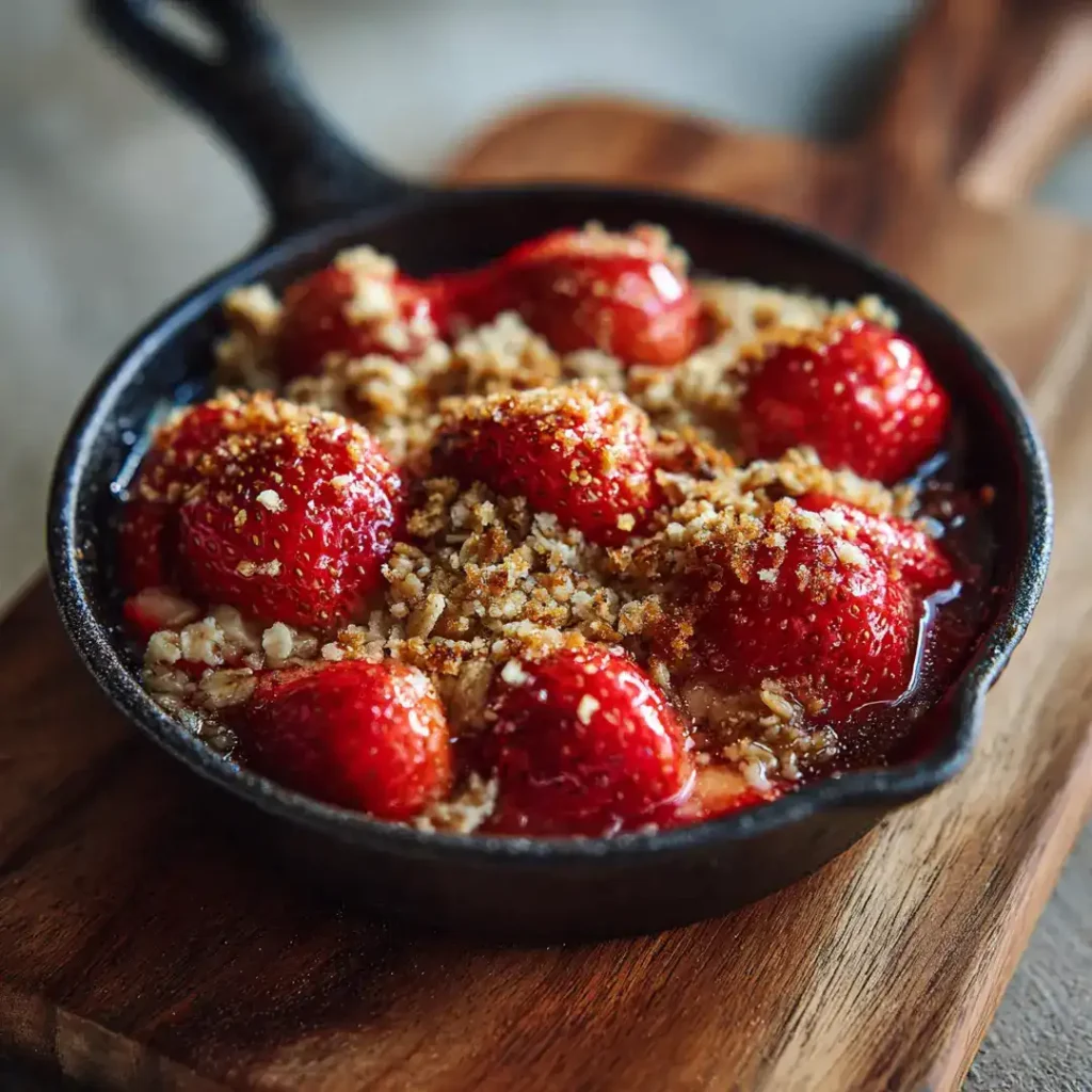 Fraises rôties au airfryer 7 Fraises rôties au airfryer recouvertes d'un crumble express aux flocons d'avoine dorés dans une petite poêle en fonte