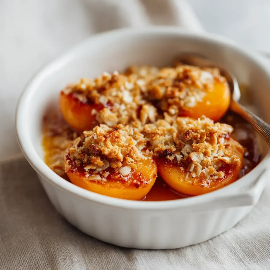 Abricots rôtis au airfryer 9 Abricots rôtis au airfryer recouverts d'un crumble express aux flocons d'avoine dorés dans un plat en céramique blanche