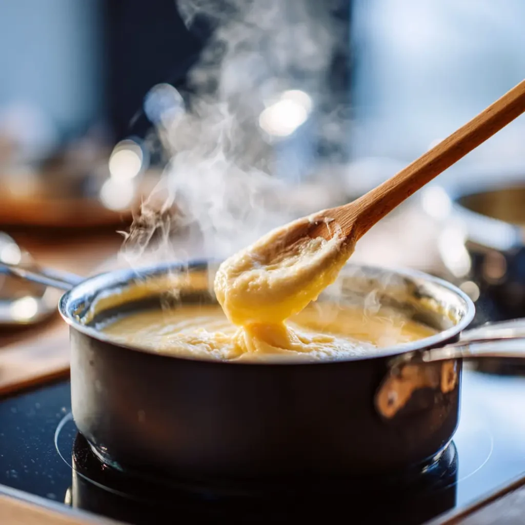Gougères au fromage au airfryer 7 Préparation de la pâte à choux pour gougères au fromage au airfryer dans une casserole avec spatule en bois