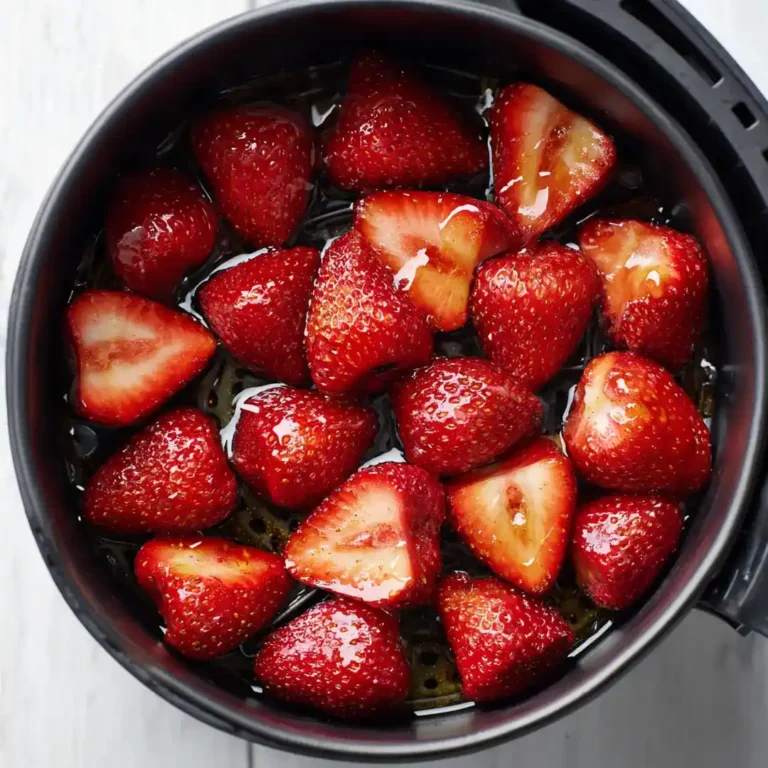 Moitiés de fraises fraîches disposées en une couche dans le panier ouvert d'un airfryer, face coupée vers le haut