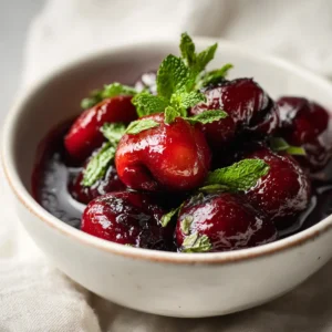 Cerises rôties airfryer 13 Cerises rôties caramélisées au airfryer dans un bol en céramique blanche avec un jus rouge intense et de la menthe fraîche