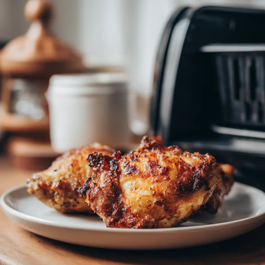 Réchauffer au airfryer : le guide complet 3 Cuisse de poulet rôti croustillante réchauffée au airfryer peau vers le haut dans le panier