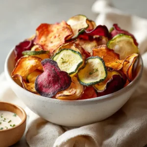 Chips de légumes airfryer 14 Chips de légumes airfryer maison colorées dans un grand bol blanc — courgette, betterave, patate douce et panais croustillants