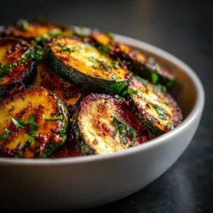 Courgettes grillées au airfryer 11 Courgettes grillées au airfryer dorées et croustillantes dans un bol en céramique blanche avec herbes fraîches et bords légèrement caramélisés