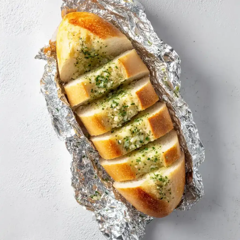 Pain à l'ail airfryer : croustillant et fondant en 8 minutes 8 Baguette entière tranchée en diagonale garnie de beurre à l'ail entre chaque tranche enveloppée dans du papier aluminium prête pour l'airfryer
