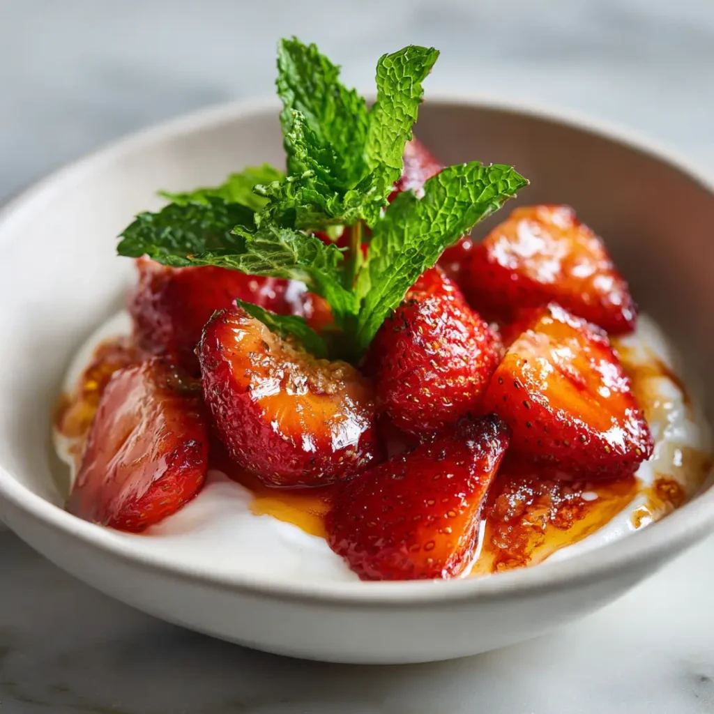 Fraises rôties au airfryer 6 Fraises rôties au airfryer servies sur yaourt grec dans un bol blanc avec un filet de miel et de la menthe